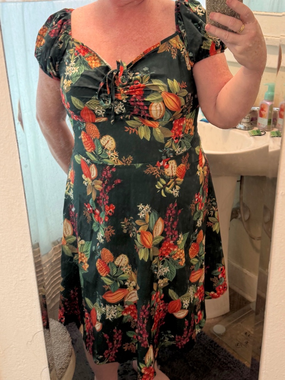 1950s-Style Deep Green Garden/Floral/Fruit Print Swing Dress (Size 2XL)